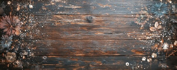 Sylvester 2025, New Year's Eve, New Year background panorama long - Firework Fireworks on rustic brown wooden wood texture