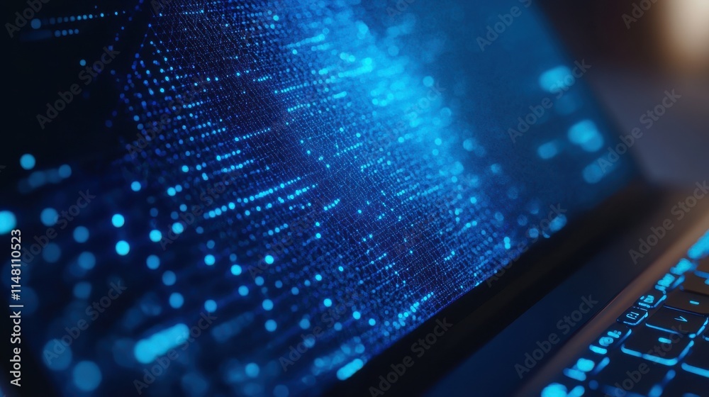 Poster close up of laptop computer with blue polygonal mesh. technology, security and web hacking concept. 