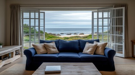 Fototapeta premium Coastal living room with ocean view through French doors.