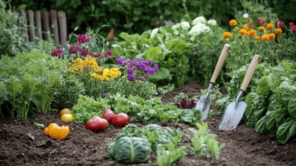 Vibrant garden filled with colorful flowers and fresh vegetables alongside garden tools. Generative AI