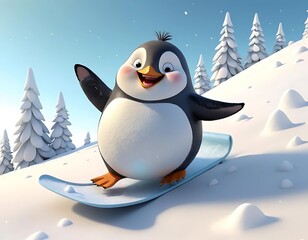 Cheerful Cartoon Penguin Sliding on Snowy Path, Generative AI