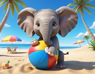 Cute Elephant Playing on the Beach with a Ball, Generative AI