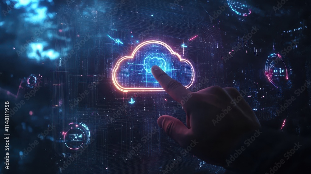 Poster data exchange and cloud service concept with man finger on digital touch screen with glowing virtual