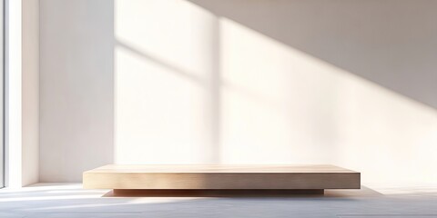Brightly lit living room space featuring a white 3D mock up of a wooden table platform. A focus on interior design and product ideas.