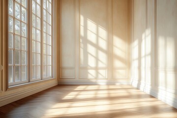 Obraz premium Bright, empty room with large windows casting shadows on wooden floor.