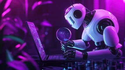Fototapeta premium Developers, robot work at laptop with magnifier. Industrial cybersecurity, industrial robotics malware, safeguarding of industrial robotics concept. Website vibrant violet landing web page template.