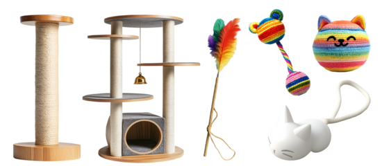 Collection set of scratch post, climbing tree playhouse and individual pet accessories for animal cat kitten on transparent cutout PNG. Many different play teaser wand toy. Mockup template for design