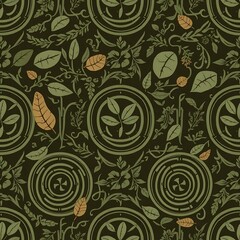 Enchanted Garden: A whimsical and enchanting seamless pattern featuring delicate leaves, intricate vines, and mystical circles, woven together in a harmonious tapestry of green and brown hues.