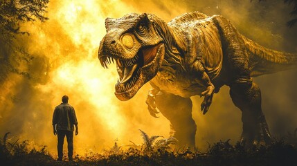 Fototapeta premium A lone man stands facing a majestic Tyrannosaurus Rex in a mystical, golden-lit forest. The scene evokes a sense of awe and wonder, perhaps even impending danger.
