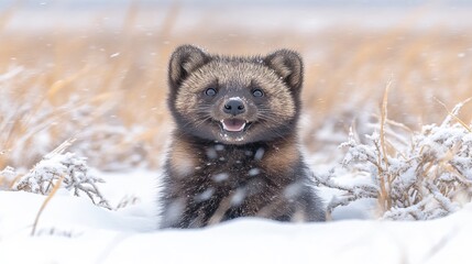 Obraz premium Happy Wolverine Cub in Winter Wonderland Snow