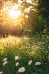 Fototapeta premium A tranquil meadow bathed in warm sunlight, featuring wildflowers and lush greenery, perfect for nature and relaxation themes.