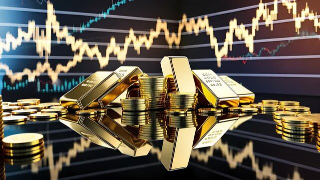 Gold Bars and Coins with Stock Market Chart Background Reflecting Financial Growth and Wealth Concepts

