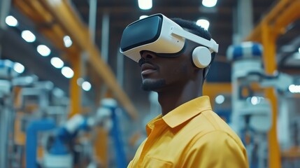 Multiethnic engineers using virtual reality headset inside robotic factory - Industrial and technology concept - Soft focus on african man top hand