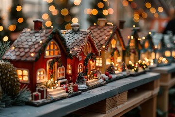 Fototapeta premium Charming holiday village display with glowing houses and festive decorations