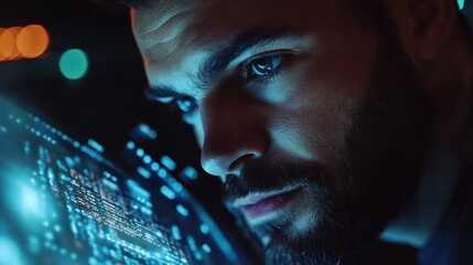 Over shoulder closeup view man IT coder programmer software engineer use laptop computer typing code develop program programming java language application on screen web system app development concept