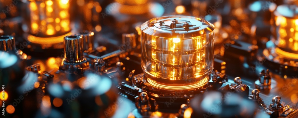 Poster ai technology and industrial work concept. future-looking quantum computer core with glowing qubits 