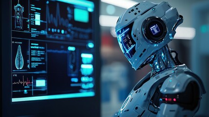 Fototapeta premium Advanced Medical Robot Analyzing Data on a Futuristic Screen