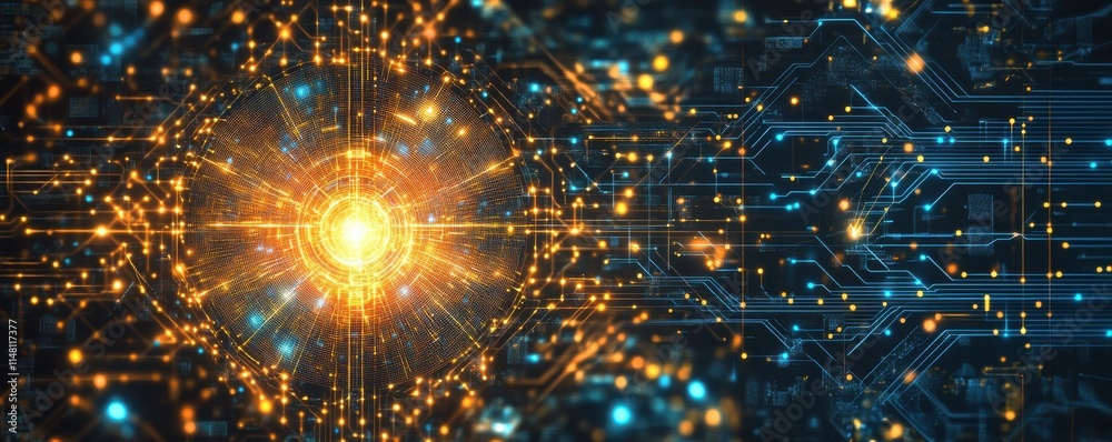 Poster ai technology and industrial work concept. future-looking quantum computer core with glowing qubits 