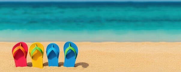 Naklejka premium Vibrant Flip Flops in Various Colors on Sandy Beach with Ocean Background