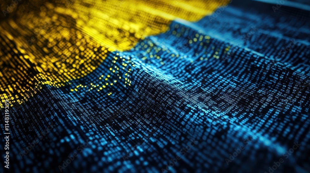 Poster technology, cyberspace and information concept - binary code pattern in colors of flag of ukraine
