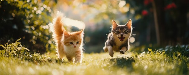 Fototapeta premium Little cat and mischievous little dog playing together in the garden on a beautiful sunny day, friendship of pets concept.