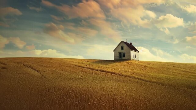 A solitary farmhouse stands at the edge of a vast field each plant a manifestation of a quantum field equation.