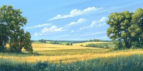 Scenic rural landscape featuring expansive fields, lush trees, and a clear blue sky, showcasing the beauty of nature in a tranquil rural setting. Ideal for those seeking rural landscape imagery.