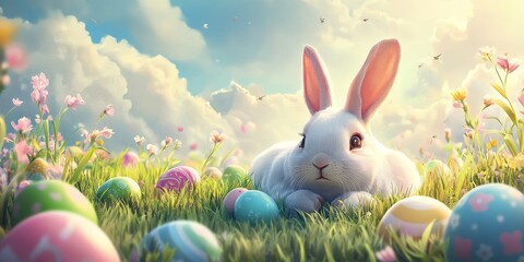 A cartoon style Easter bunny is relaxing in the grass while surrounded by pastel colored eggs on a bright and sunny day. The bunny and the eggs create a festive scene.