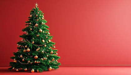 Minimalist Christmas tree with gold ornaments against a red wall. Festive holiday background for Christmas and New Year's greetings.