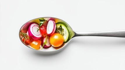Fototapeta premium Fresh Vegetable Salad in Spoon with Colorful Ingredients Displayed