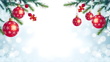 Festive Christmas Background with Hanging Ornaments and Pine Branches. Holiday Card Design