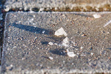 Salt crystals scattered across paving slabs during winter, deicing process on textured surfaces, ensure safety and traction. Salt crystals on paving stone, preventing ice buildup and slippery hazards
