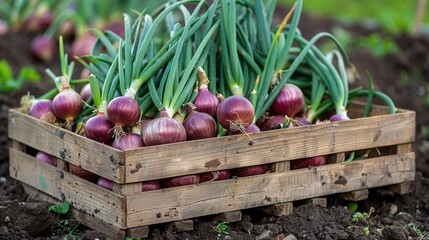 Freshly harvested red onions collected in a wooden crate in a rural garden during late spring, showcasing the produce's vibrant colors and healthy greens