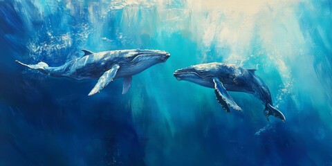 Fototapeta premium Two majestic whales dance gracefully in the crystal blue sea, showcasing their beauty as they move in harmony. The enchanting display of whales in the blue sea captivates all who witness it.