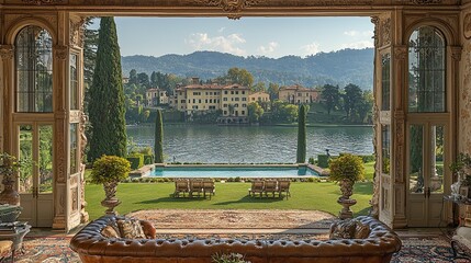 Fototapeta premium Scenic view from a luxurious interior overlooking a serene lake and landscaped garden.