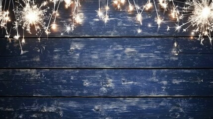 Fototapeta premium Festive sparklers on rustic blue wood.