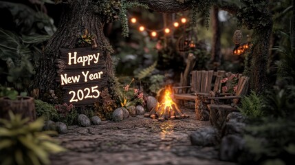 Fototapeta premium Enchanting woodland scene with a bonfire, rustic seating, and 