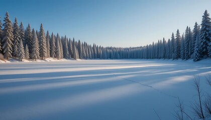 Frozen Winter Lake with Snowy Pines Under a Clear Sky, Generative AI
