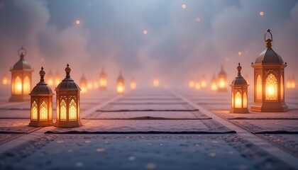 Illuminated Islamic Lanterns on Prayer Rugs at Dusk, Generative AI