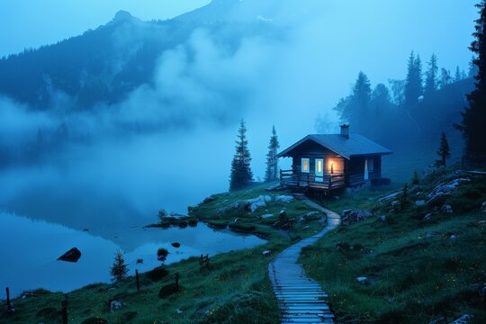 Mountain cabin by a misty lake during twilight hours with soft lighting and serene landscape