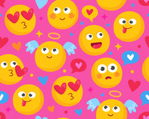 Seamless pattern with cute cartoon emoticons. Wrapping paper, design for Valentine's Day, Birthday. Yellow smileys on a pink background. Angels, hearts and stars.
