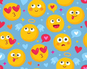 Seamless pattern with cute cartoon emoticons. Wrapping paper, design for Valentine's Day, Birthday. Yellow smileys on a blue background. Angels, hearts and stars.