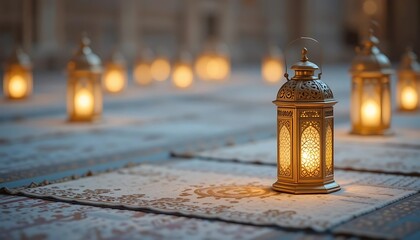 Illuminated Islamic Lanterns on Prayer Rugs at Dusk, Generative AI