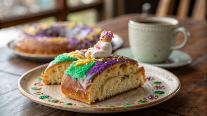 Slice of colorful king cake with decoration, sweet dessert, festive celebration, coffee cup