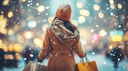 Naklejka premium Woman in Winter Coat Holding Shopping Bags in Snowy City Scene