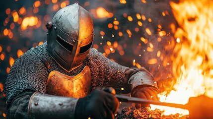 Traditional Blacksmith Forge Concept, Skilled Blacksmith Crafting Medieval Armor with Fiery Background in Traditional Workshop Setting