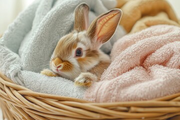 Soft rabbit rests comfortably in a woven basket surrounded by warm, colorful blankets during a cozy afternoon indoors