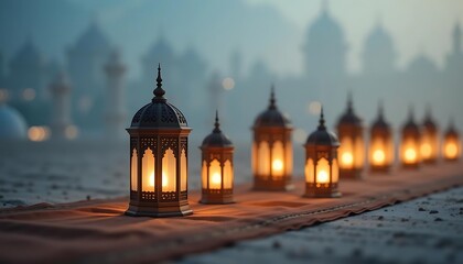 Illuminated Islamic Lanterns on Prayer Rugs at Dusk, Generative AI