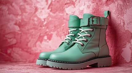 Stylish mint green boots on a textured pink background, showcasing fashion and design.