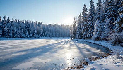 Frozen Winter Lake with Snowy Pines Under a Clear Sky, Generative AI
